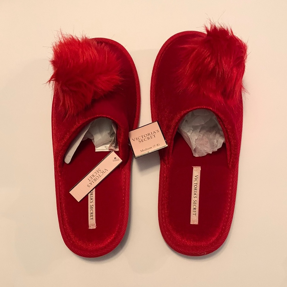 Victoria’s Secret Red Pom Pom Slippers.